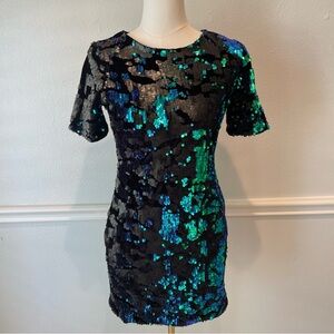 TOPSHOP Y2K Velvet Sequin Iridescent Minidress Green Blue Silver Size 6 Stretch